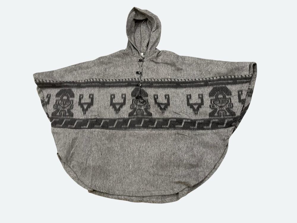Vintage 80s Gray Hooded Poncho Cape Southwestern Toggle Batwing Boho -